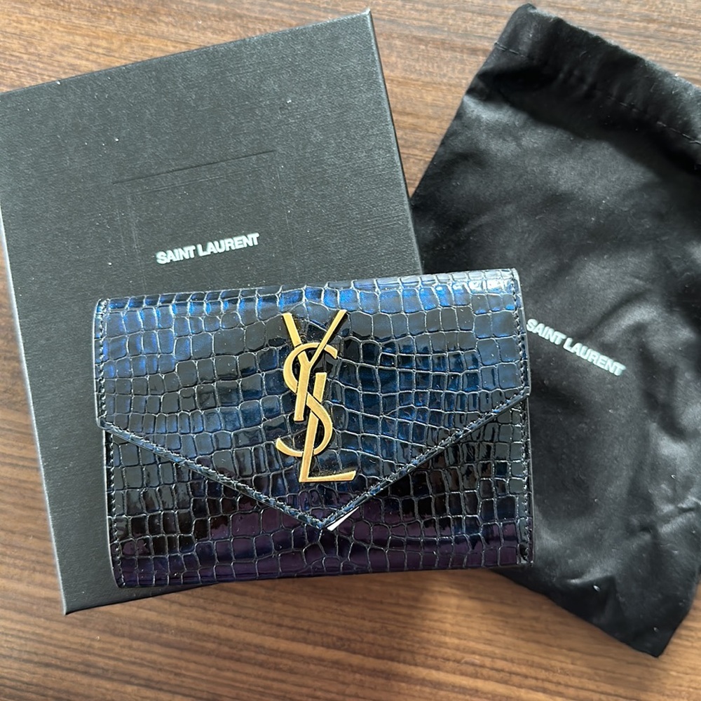 YSL Cassandre Small Envelope Wallet Croc Embossed Leather BLEU PETROLE ET NOIR